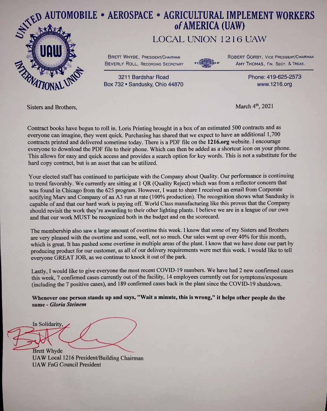Chairman Letter March 5th, 2021